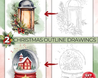 Christmas Snow Globe Outline Drawings for Painting, Watercolor Drawing Outlines Christmas Lantern Coloring Page Traceable Printable Template