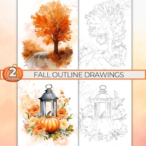 May include: Four watercolor drawings with a fall theme. The top left shows a tree with orange leaves next to a road. The top right is a line drawing of the same scene. The bottom two drawings feature a pumpkin and lantern. The text reads "FALL OUTLINE DRAWINGS".