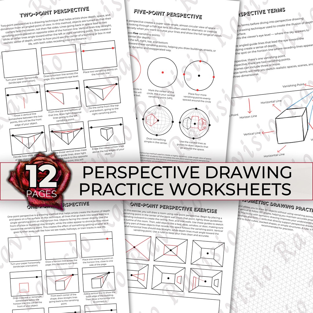 Perspective Drawing Practice Worksheets, One Point, Two Point, Five ...