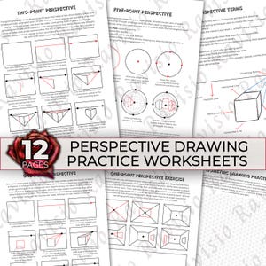 May include: A set of 12 perspective drawing practice worksheets. The pages contain diagrams and instructions on two-point, five-point, and one-point perspective, plus perspective terms. The worksheets are designed for art students.
