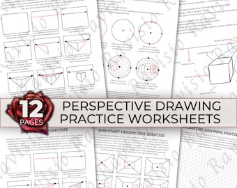 Hojas de trabajo para practicar el dibujo en perspectiva, perspectiva de un punto, dos puntos y cinco puntos, lección de arte imprimible, clase de arte, cómo dibujar, recurso