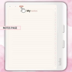 Peut inclure: Une liseuse Kobo blanche affichant une interface de planificateur num&eacute;rique avec une page lign&eacute;e intitul&eacute;e My notes. L'&eacute;cran pr&eacute;sente une barre de navigation sup&eacute;rieure avec les onglets Yearly, Daily, Notes et une barre lat&eacute;rale avec les mois.