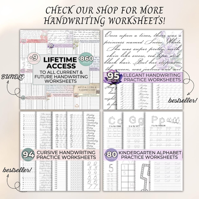 May include: A set of four printable handwriting practice worksheets for kids. The worksheets include cursive handwriting, elegant handwriting, kindergarten alphabet practice, and a bundle of all three. The worksheets are designed to help children learn to write in a variety of styles.