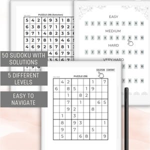 Puede incluir: Una tableta digital con fondo blanco y un l&aacute;piz negro. La pantalla muestra un rompecabezas de Sudoku con las palabras "Puzzle (39)" y "Solution Content" en la parte superior. La tableta est&aacute; rodeada por un marco blanco con un dise&ntilde;o floral.