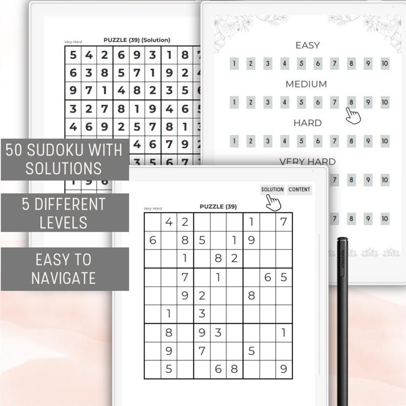 Puede incluir: Una tableta digital con fondo blanco y un l&aacute;piz negro. La pantalla muestra un rompecabezas de Sudoku con las palabras "Puzzle (39)" y "Solution Content" en la parte superior. La tableta est&aacute; rodeada por un marco blanco con un dise&ntilde;o floral.