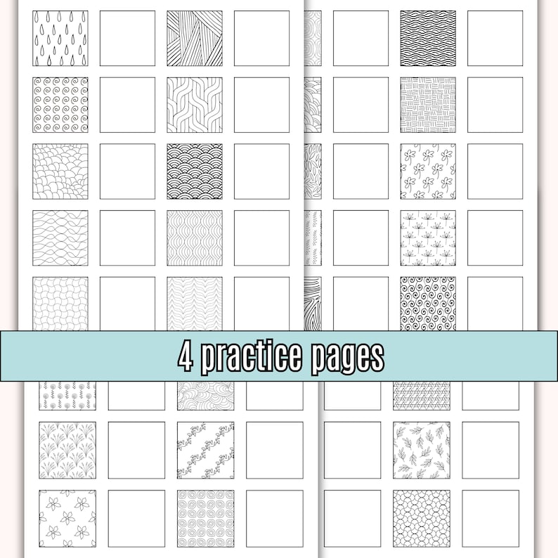 May include: Four pages of black and white practice sheets with different patterns to copy. Each page has 12 squares with a pattern in the top square and blank squares below for practice.