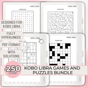 Puede incluir: Un paquete de juegos y rompecabezas Kobo Libra, diseñado para Kobo Libra. El paquete incluye una variedad de rompecabezas, como búsquedas de palabras, laberintos y Sudoku, en formato PDF con soluciones. El paquete contiene más de 250 páginas.