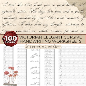 Peut inclure: Ensemble de feuilles d'exercices d'écriture cursive élégante victorienne. L'image présente un fond de style vintage avec une écriture élégante et le texte "VICTORIAN ELEGANT CURSIVE HANDWRITING WORKSHEETS". Les feuilles sont disponibles en formats US Letter, A4 et A5.