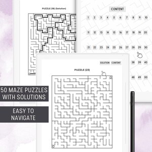 Puede incluir: Un libro de rompecabezas de laberintos imprimible en blanco y negro con 50 laberintos y soluciones. El libro tiene el t&iacute;tulo "50 Maze Puzzles with Solutions" y "Easy to Navigate".