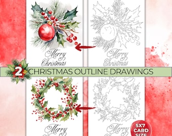 Christmas Outline Drawings for Painting, Watercolor Drawing Outlines, Christmas Wreath Ornament Coloring Page, Traceable Printable Template