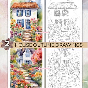 Huisoverzichtstekeningen om te schilderen, aquareltekeningcontouren, huiskleurplaat, traceerbare afdrukbare sjabloon
