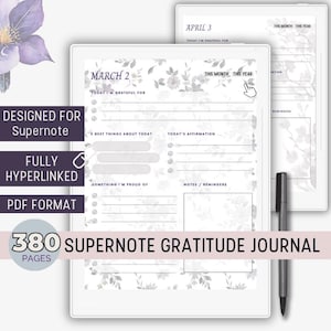 May include: A digital gratitude journal designed for Supernote, featuring a floral design. The journal is fully hyperlinked and in PDF format, with 380 pages. The journal includes sections for daily gratitude, affirmations, and notes.