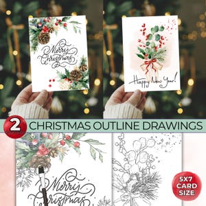 Overzichtstekeningen kerstkaarten, maak je eigen kerstkaart, aquareltekeningcontouren, traceerbare afdrukbare sjabloon, kleurplaat DIY