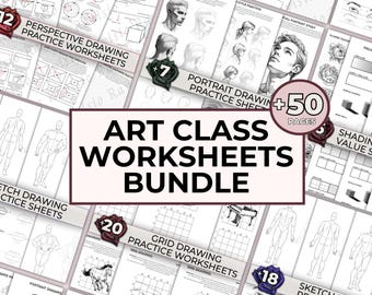 Art Class Printable Bundle - Drawing Lesson Worksheets, Pencil Drawing Tutorial, Learn To Draw, Art Lesson Shading Grid Perspective Drawing