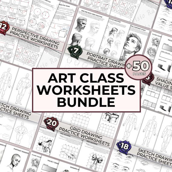 Art Class Printable Bundle - Drawing Lesson Worksheets, Pencil Drawing Tutorial, Learn To Draw, Art Lesson Shading Grid Perspective Drawing