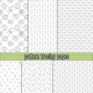 May include: A selection of pattern tracing pages with floral and botanical patterns. The pages showcase illustrations of roses, lilies, cacti, and other plant life. The text "pattern tracing pages" is displayed on a green banner.