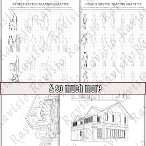 May include: A sketchbook featuring black and white sketches of people and architectural designs. The text reads "PEOPLE SKETCH TRACING PRACTICE" and "& so much more". The sketches are designed to help improve drawing skills.