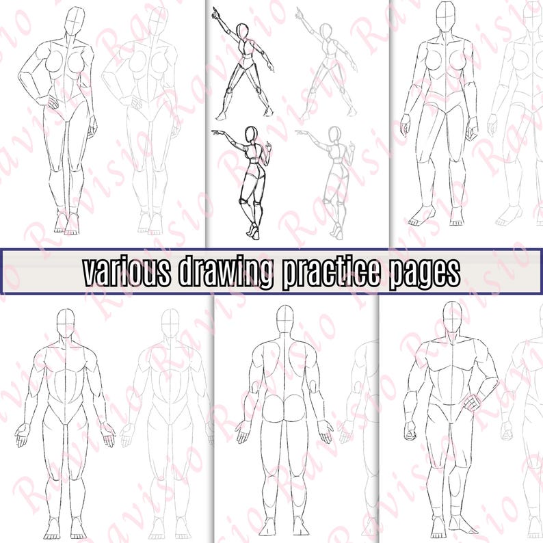 May include: A collection of drawing practice pages featuring various poses of the human figure. The pages include outlines of both male and female figures in different stances, with the text "various drawing practice pages" across the center.