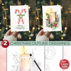 Dibujos de contornos de tarjetas navideñas, crea tu propia tarjeta navideña, contornos de dibujos en acuarela, plantilla imprimible y trazable, página para colorear DIY