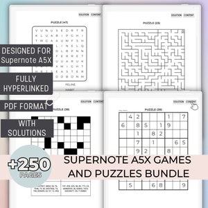 Può includere: Un download digitale di oltre 250 giochi e puzzle stampabili Supernote A5X. L'immagine mostra una varietà di puzzle, tra cui una ricerca di parole, un labirinto e un Sudoku. Il testo "Progettato per Supernote A5X" è visibile nell'angolo in alto a sinistra dell'immagine. Il testo "Completamente ipercollegato Formato PDF con soluzioni" è visibile nell'angolo in basso a sinistra dell'immagine.