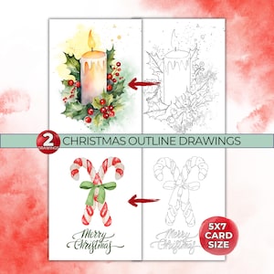 Dibujos de contornos de tarjetas navideñas, crea tu propia tarjeta navideña, contornos de dibujos de acuarela, plantilla imprimible trazable, página para colorear DIY