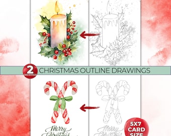 Dibujos de contornos de tarjetas navideñas, crea tu propia tarjeta navideña, contornos de dibujos de acuarela, plantilla imprimible trazable, página para colorear DIY