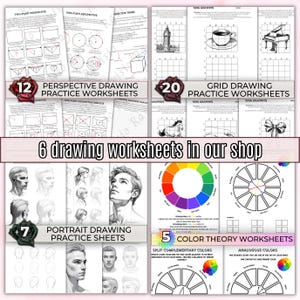 May include: A collection of drawing practice sheets, including perspective, grid, portrait, and color theory worksheets. The image shows various pages with illustrations and diagrams, with text such as "Perspective Drawing Practice Worksheets" and "Color Theory Worksheets".