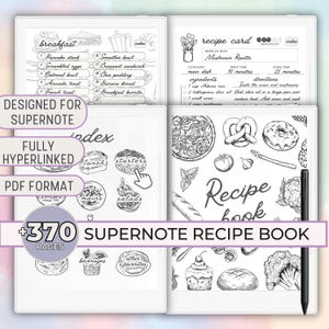 May include: A black and white digital recipe book with a cover featuring a hand-drawn illustration of a pizza, pretzel, donut, asparagus, and cauliflower. The book is designed for the Supernote device and has over 370 pages. The text on the cover reads "Recipe book".
