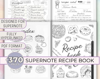 Puede incluir: Un libro de recetas digital en blanco y negro con una portada que presenta una ilustración dibujada a mano de una pizza, un pretzel, una dona, espárragos y coliflor. El libro está diseñado para el dispositivo Supernote y tiene más de 370 páginas. El texto de la portada dice "Recipe book".