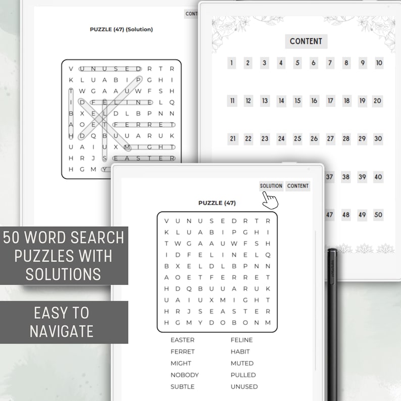 Puede incluir: Un rompecabezas de b&uacute;squeda de palabras en blanco y negro con una cuadr&iacute;cula de soluci&oacute;n. El rompecabezas se titula "Puzzle (47)" e incluye palabras como "Easter", "Feline", "Ferret", "Habit", "Might", "Muted", "Nobody", "Pulled", "Subtle" y "Unused".