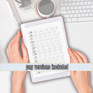 May include: A white tablet screen displaying a cursive alphabet practice sheet with the letters 'Aa' through 'Zz' written in cursive. The text 'png versions included' is visible at the bottom of the screen.