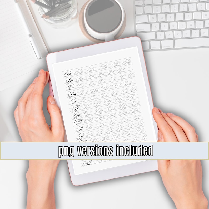 May include: A white tablet screen displaying a cursive alphabet practice sheet with the letters 'Aa' through 'Zz' written in cursive. The text 'png versions included' is visible at the bottom of the screen.