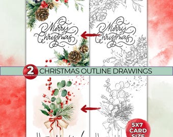 Desenhos de contorno de cartões de Natal, faça seu próprio cartão de Natal, contornos de desenho em aquarela, modelo para impressão rastreável, página para colorir faça você mesmo
