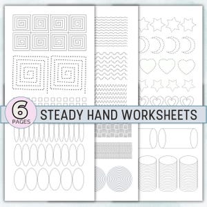 May include: Six pages of black and white printable worksheets for practising steady hand skills. The worksheets feature various shapes, lines, and patterns to trace.