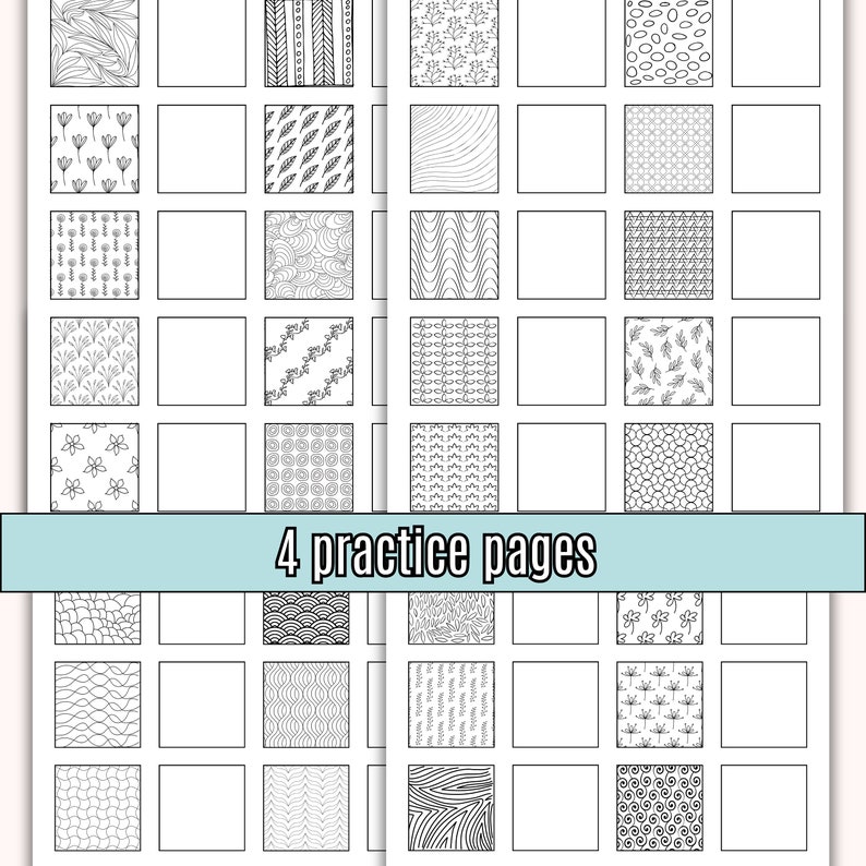 May include: Four black and white practice pages with different patterns to copy. Each page has 16 squares with a pattern in the top left corner of each square. The text "4 practice pages" is at the bottom of the image.