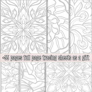 May include: A collection of white tracing sheets with intricate gray floral and geometric designs. The text "+55 pages full page tracing sheets as a gift" is displayed at the bottom. Ideal for art and craft projects.