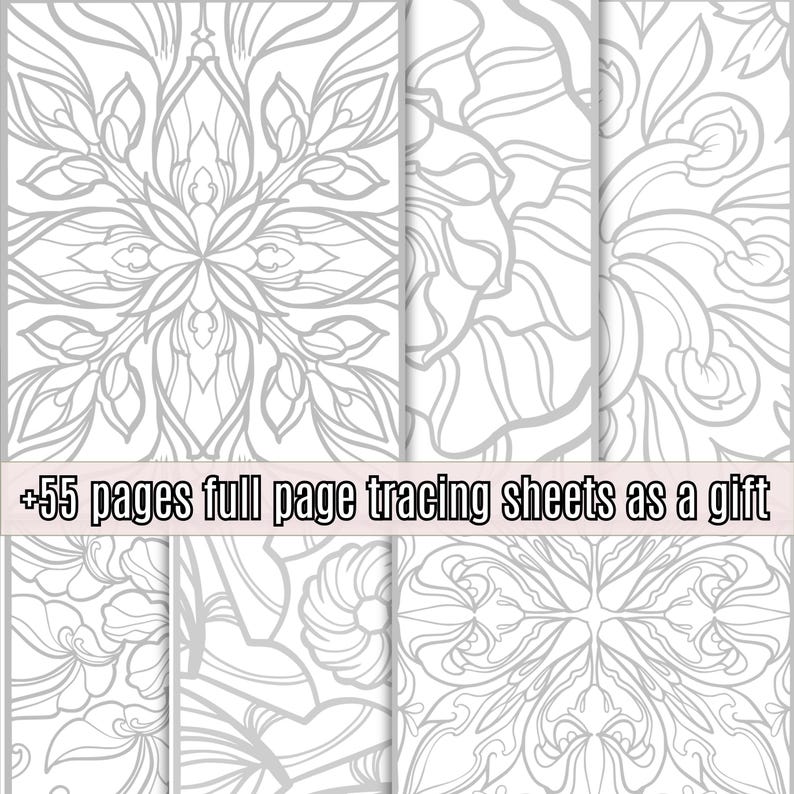 May include: A collection of white tracing sheets with intricate gray floral and geometric designs. The text "+55 pages full page tracing sheets as a gift" is displayed at the bottom. Ideal for art and craft projects.