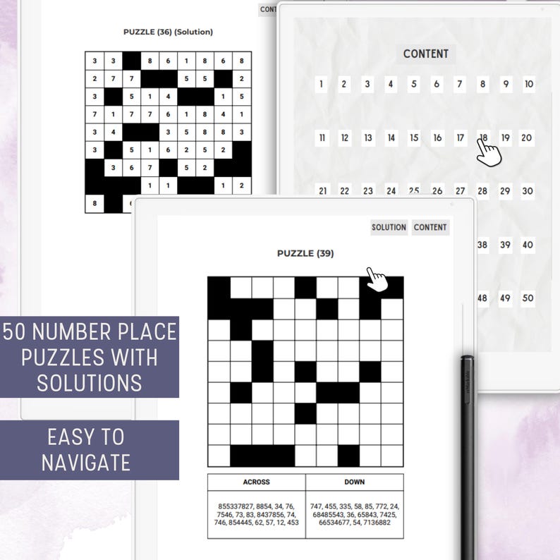 Puede incluir: Un rompecabezas de n&uacute;meros imprimible en blanco y negro con soluci&oacute;n. El rompecabezas est&aacute; etiquetado como "Puzzle (39)" y tiene una cuadr&iacute;cula de 9 cuadrados por 9 cuadrados. La soluci&oacute;n se proporciona en una tabla con los n&uacute;meros del 1 al 50 listados en filas de 10. El rompecabezas es parte de un conjunto de 50 rompecabezas de n&uacute;meros con soluciones. El texto "50 Number Place Puzzles with Solutions" est&aacute; impreso en negro sobre un fondo blanco. El texto "Easy to Navigate" est&aacute; impreso en blanco sobre un fondo negro.