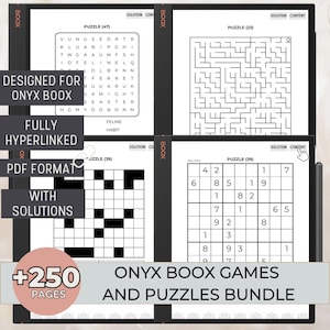 May include: A collection of over 250 pages of games and puzzles designed for the Onyx Boox e-reader. The image shows a sample page with a word search puzzle, a maze, and a Sudoku puzzle.