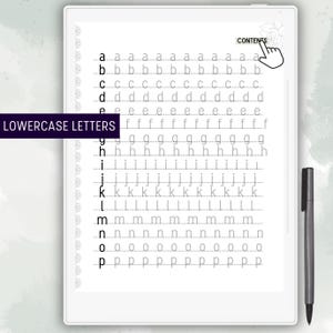 Puede incluir: Una hoja de trabajo imprimible para practicar las letras min&uacute;sculas. La hoja de trabajo presenta una cuadr&iacute;cula con cada letra del alfabeto repetida varias veces. La palabra "CONTENTS" est&aacute; en la parte superior de la p&aacute;gina.