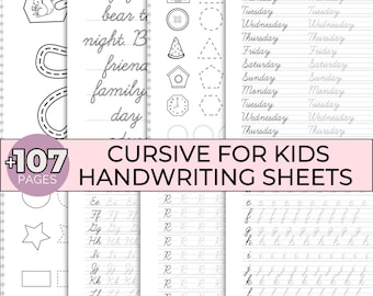 May include: Black and white printable cursive handwriting practice sheets for kids. The sheets feature a variety of cursive letter practice lines, as well as a few pages with tracing activities for shapes and words. The title of the product is "Cursive for Kids Handwriting Sheets" and the number of pages is "107".