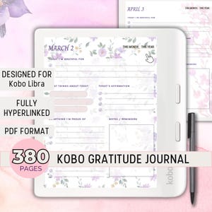 Puede incluir: Un diario de gratitud digital Kobo con un diseño floral. El diario está diseñado para el Kobo Libra y está totalmente enlazado en formato PDF. El diario tiene 380 páginas e incluye secciones para afirmaciones y notas diarias.