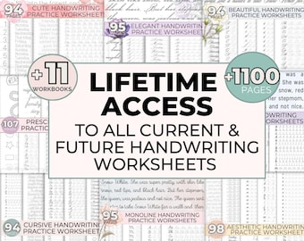 Handwriting Practice Worksheets Bundle Lifetime Access, Cursive Writing Practice Worksheets, Improve Handwriting Neat Elegant Monoline Cute