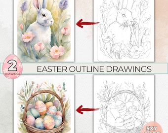 Disegni di contorno di Pasqua per la pittura, contorni di disegno ad acquerello, contorno da colorare di coniglio, pagina da colorare di Pasqua, modello di biglietto di Pasqua