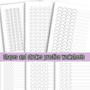 Puede incluir: Hojas de trabajo imprimibles en blanco y negro para practicar formas y trazos. Las hojas de trabajo presentan l&iacute;neas punteadas para trazar varias formas, incluyendo c&iacute;rculos, semic&iacute;rculos, l&iacute;neas onduladas y zigzags. El texto "Shapes and strokes practice worksheets" est&aacute; en la parte superior de la p&aacute;gina.