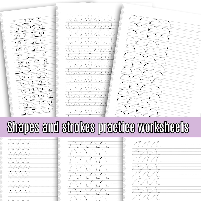 Puede incluir: Hojas de trabajo imprimibles en blanco y negro para practicar formas y trazos. Las hojas de trabajo presentan l&iacute;neas punteadas para trazar varias formas, incluyendo c&iacute;rculos, semic&iacute;rculos, l&iacute;neas onduladas y zigzags. El texto "Shapes and strokes practice worksheets" est&aacute; en la parte superior de la p&aacute;gina.