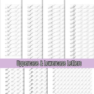 Puede incluir: Una hoja de trabajo imprimible con pr&aacute;ctica de letras en cursiva para letras may&uacute;sculas y min&uacute;sculas del alfabeto. La hoja de trabajo est&aacute; dividida en cuatro secciones, cada una con una letra diferente. Las letras est&aacute;n escritas en cursiva.