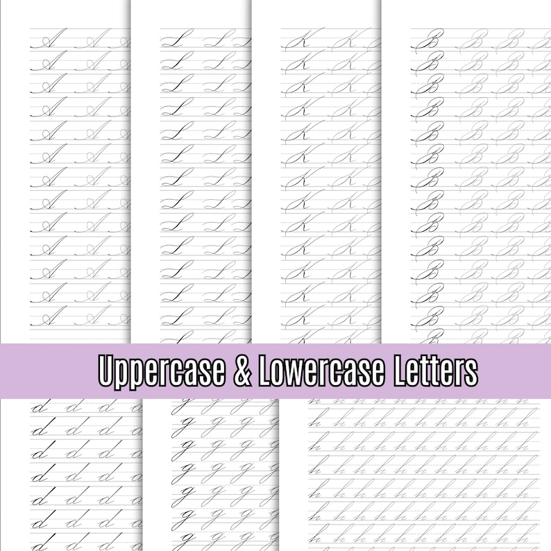 Puede incluir: Una hoja de trabajo imprimible con pr&aacute;ctica de letras en cursiva para letras may&uacute;sculas y min&uacute;sculas del alfabeto. La hoja de trabajo est&aacute; dividida en cuatro secciones, cada una con una letra diferente. Las letras est&aacute;n escritas en cursiva.