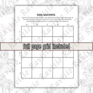 May include: A white sheet of paper featuring a grid drawing layout. The text "GRID DRAWING" is at the top, with instructions below. The words "full page grid included" are in a banner across the middle. The grid is divided into squares with lettered and numbered axes.