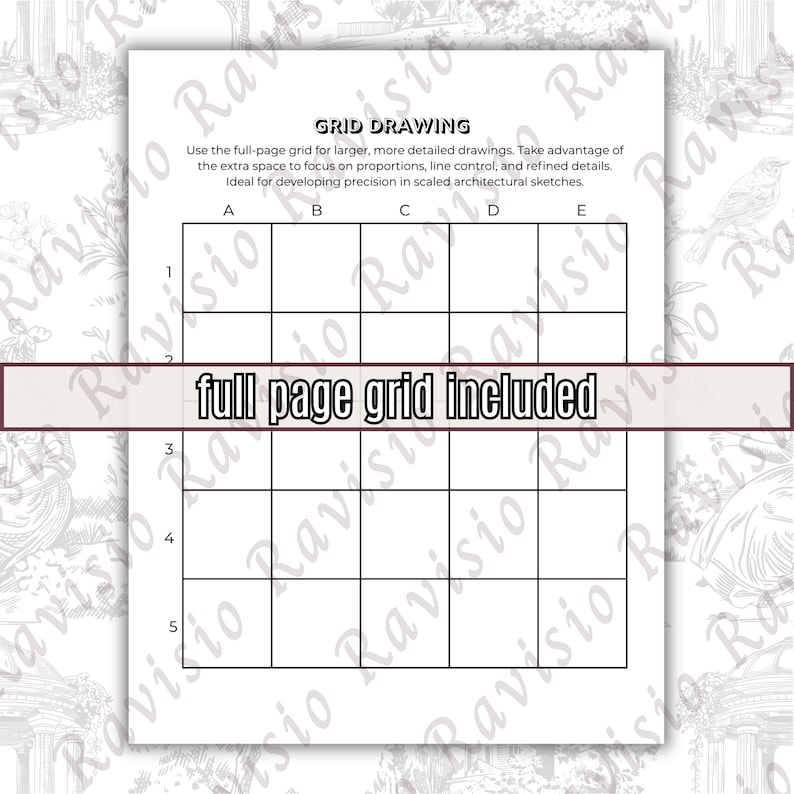 May include: A white sheet of paper featuring a grid drawing layout. The text "GRID DRAWING" is at the top, with instructions below. The words "full page grid included" are in a banner across the middle. The grid is divided into squares with lettered and numbered axes.
